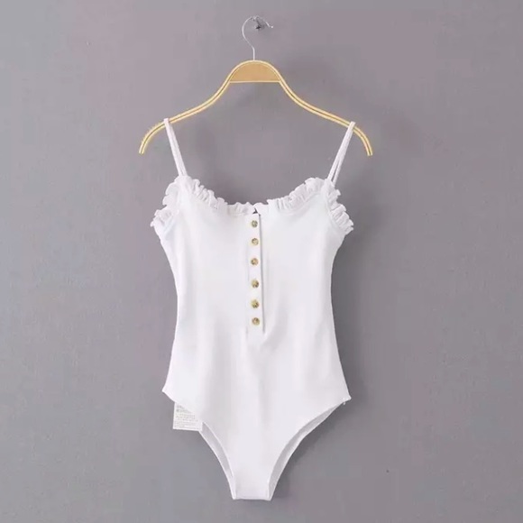 SOLD OUT The Cutest White Ribbed Button Ruffled Bodysuit - Picture 4 of 7